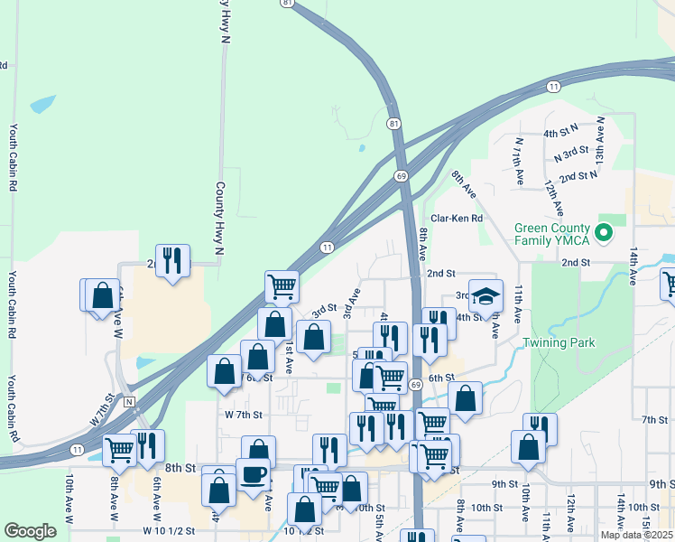 map of restaurants, bars, coffee shops, grocery stores, and more near 201 3rd Avenue in Monroe