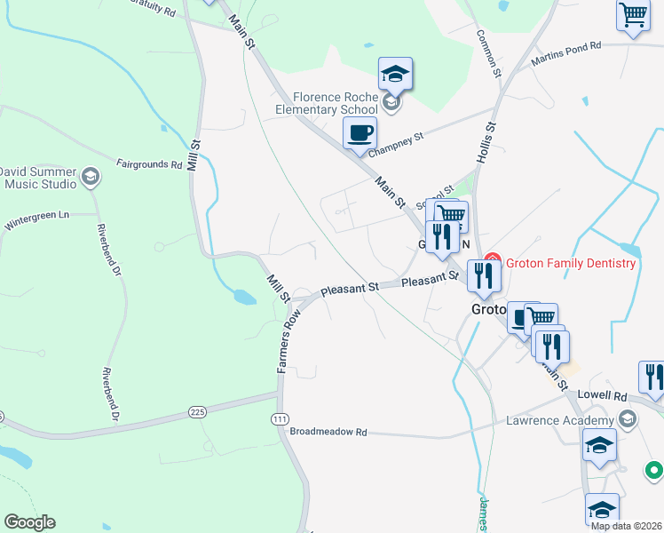 map of restaurants, bars, coffee shops, grocery stores, and more near 88 Pleasant Street in Groton
