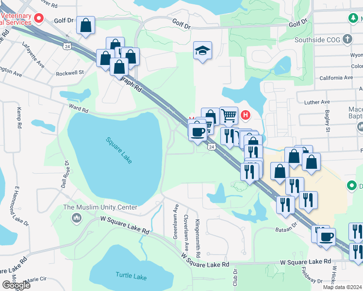 map of restaurants, bars, coffee shops, grocery stores, and more near 2027 Klingensmith Road in Bloomfield Township