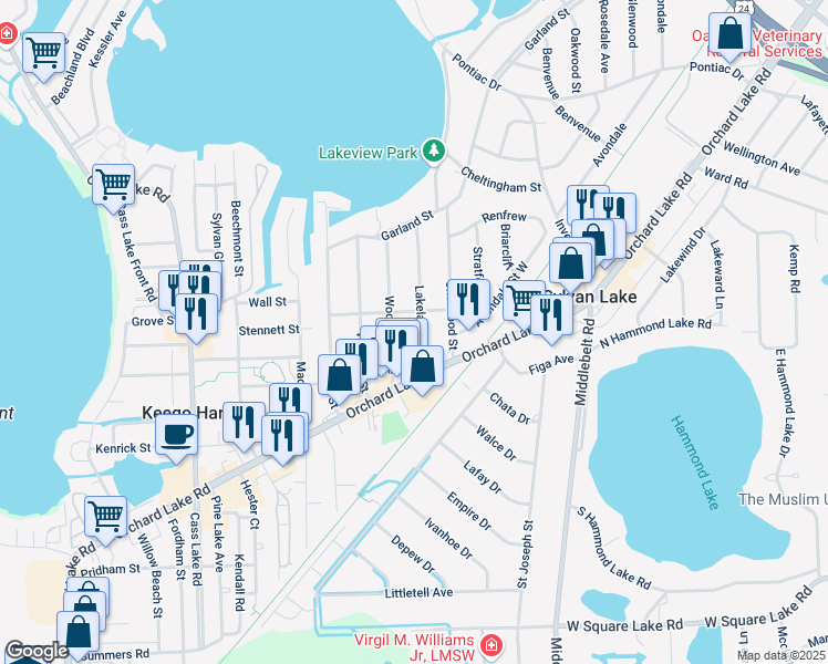 map of restaurants, bars, coffee shops, grocery stores, and more near 1936 Lakeland Avenue in Sylvan Lake