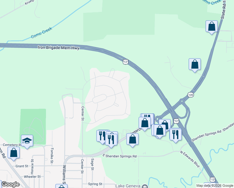 map of restaurants, bars, coffee shops, grocery stores, and more near Stonemill Lane in Lake Geneva