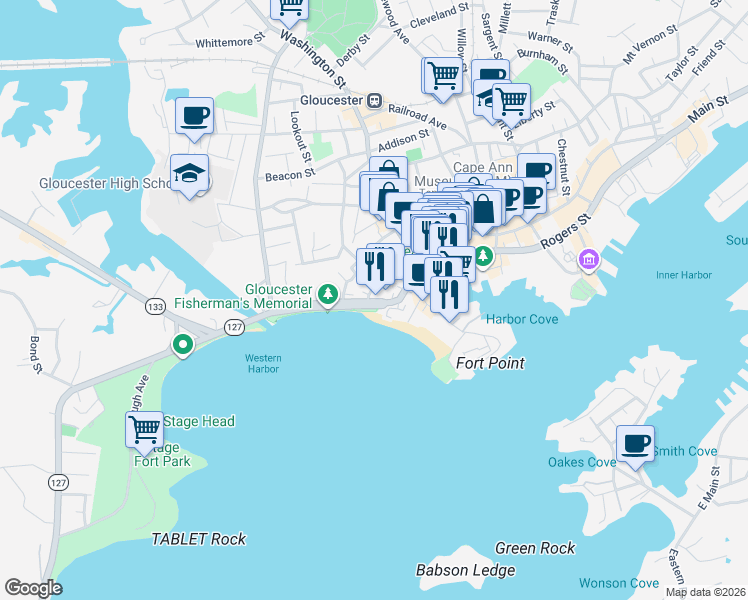 map of restaurants, bars, coffee shops, grocery stores, and more near 31 Western Avenue in Gloucester