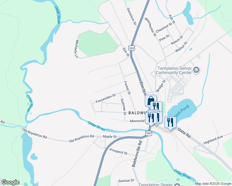 map of restaurants, bars, coffee shops, grocery stores, and more near 19 Fessenden Street in Templeton