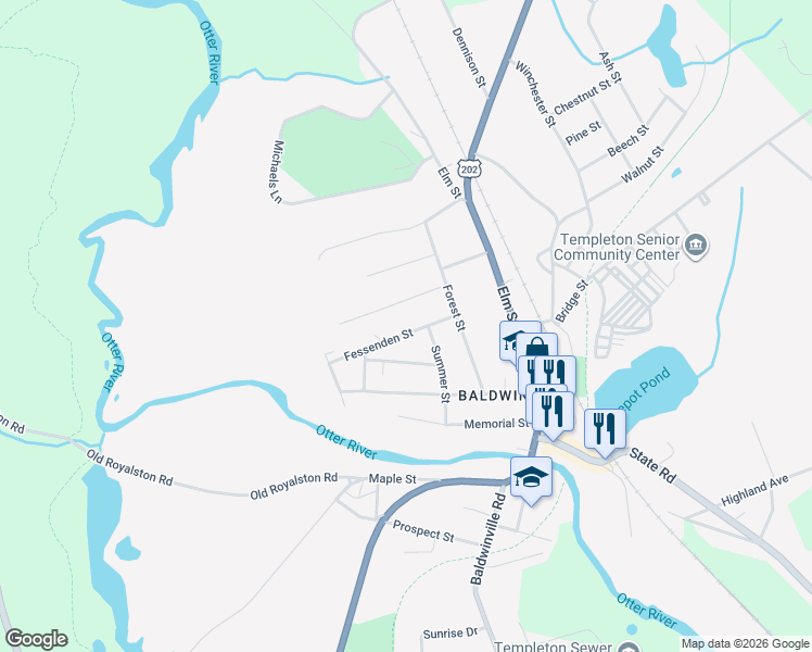 map of restaurants, bars, coffee shops, grocery stores, and more near 19 Fessenden Street in Templeton