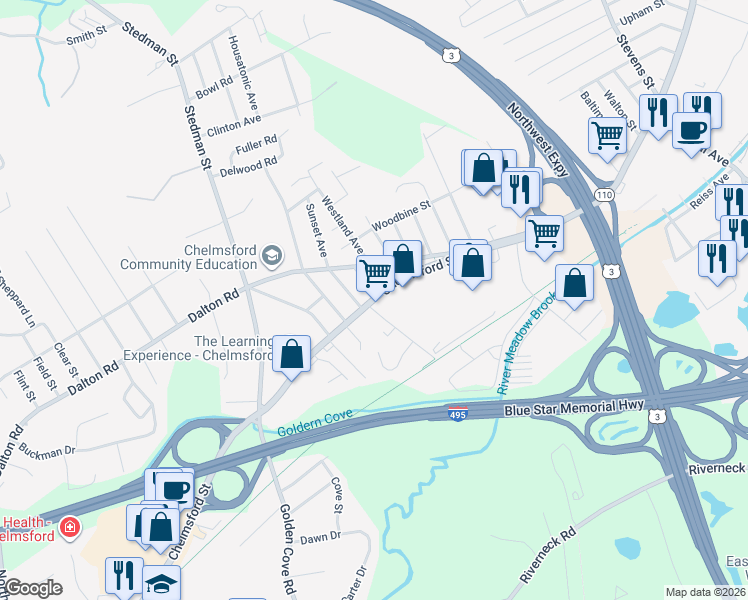 map of restaurants, bars, coffee shops, grocery stores, and more near 251 Chelmsford Street in Chelmsford