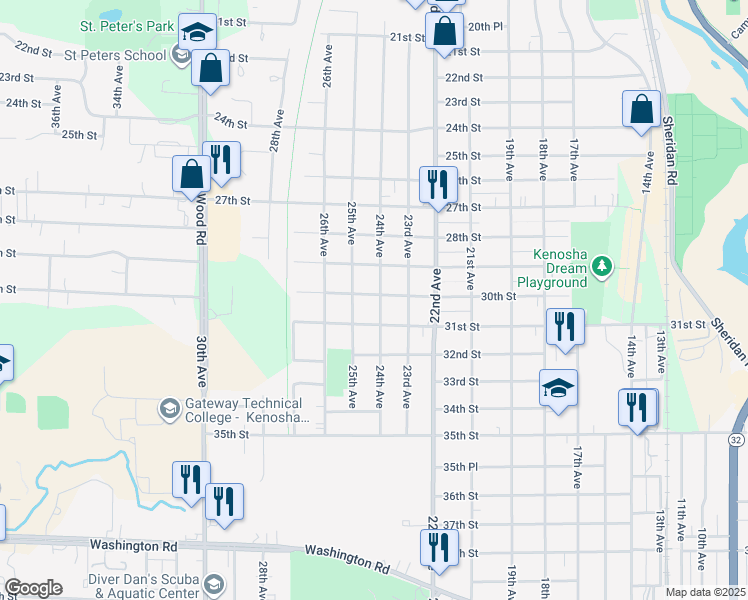 map of restaurants, bars, coffee shops, grocery stores, and more near 3002 24th Avenue in Kenosha