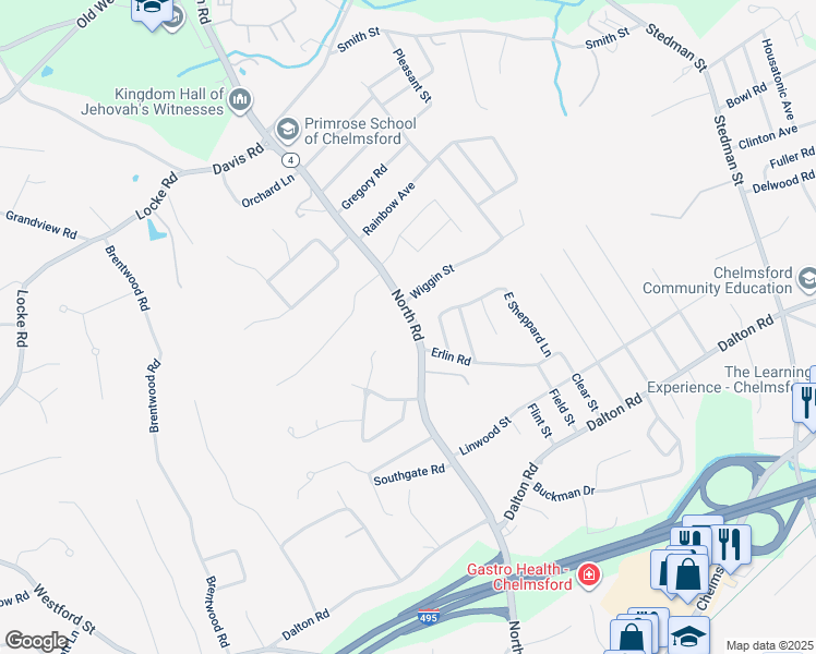 map of restaurants, bars, coffee shops, grocery stores, and more near 140 North Road in Chelmsford