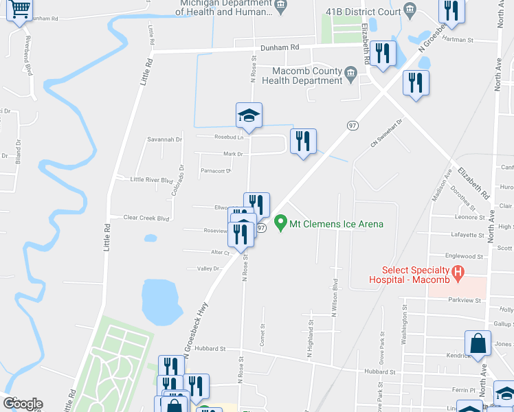 map of restaurants, bars, coffee shops, grocery stores, and more near 260 North Rose Street in Mount Clemens
