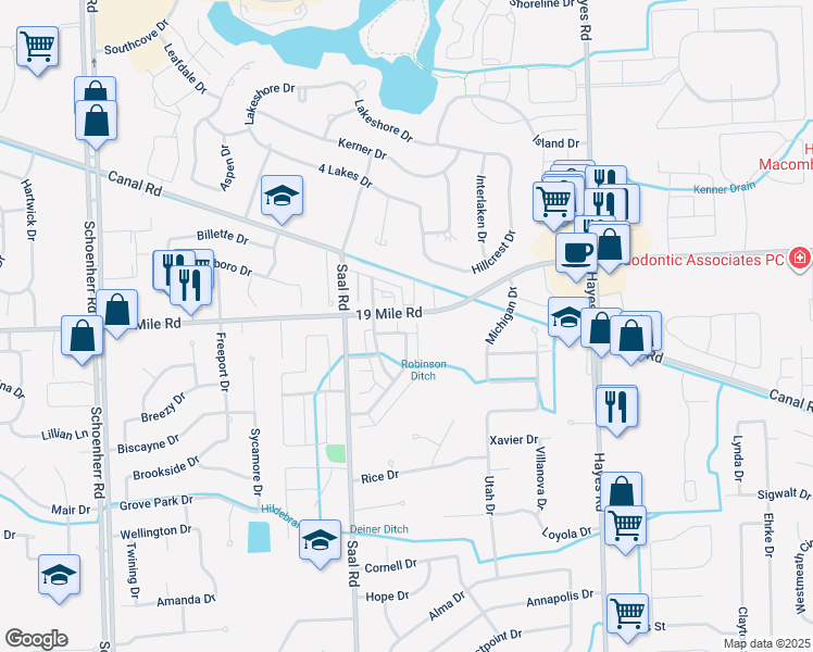map of restaurants, bars, coffee shops, grocery stores, and more near 14508 Holborn Drive in Sterling Heights