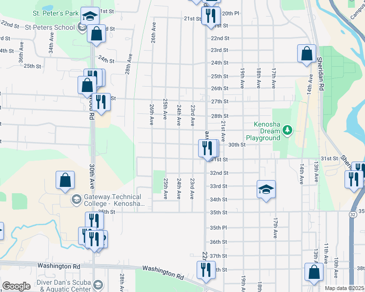 map of restaurants, bars, coffee shops, grocery stores, and more near 3002 24th Avenue in Kenosha