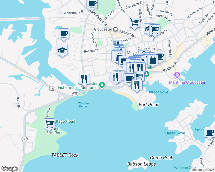 map of restaurants, bars, coffee shops, grocery stores, and more near 45 Western Avenue in Gloucester