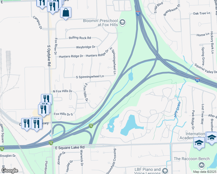 map of restaurants, bars, coffee shops, grocery stores, and more near 719 East Fox Hills Drive in Bloomfield Hills