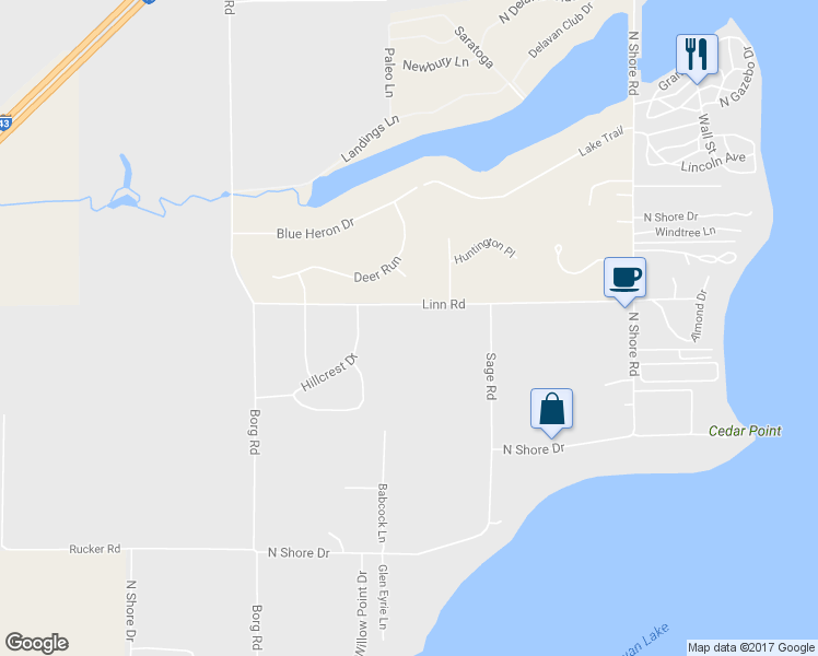 map of restaurants, bars, coffee shops, grocery stores, and more near 2121 Linn Rd in Delavan