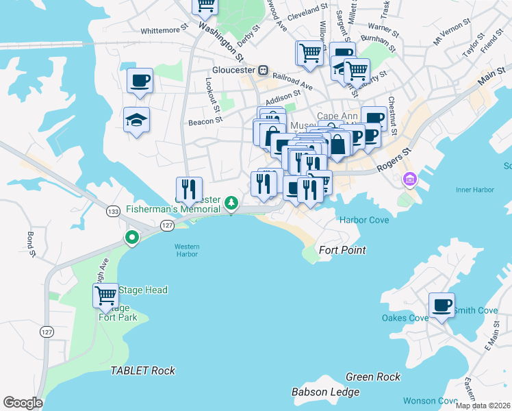 map of restaurants, bars, coffee shops, grocery stores, and more near 45 Western Avenue in Gloucester