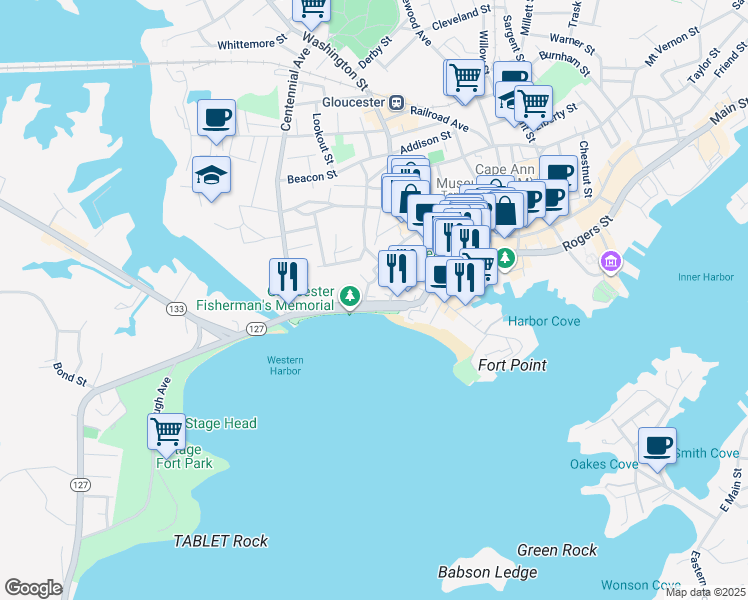 map of restaurants, bars, coffee shops, grocery stores, and more near 45 Western Avenue in Gloucester