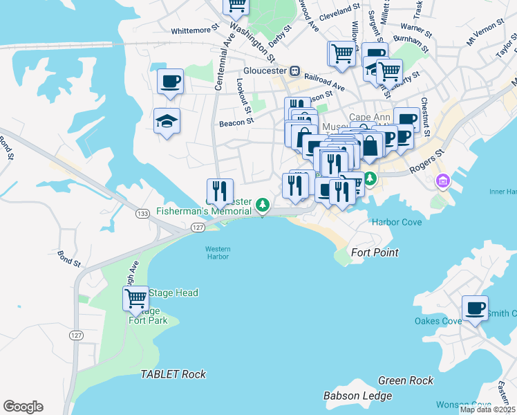 map of restaurants, bars, coffee shops, grocery stores, and more near 67 Western Avenue in Gloucester