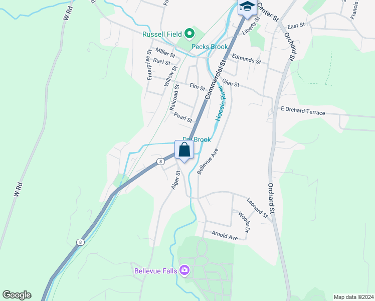 map of restaurants, bars, coffee shops, grocery stores, and more near 123-151 Grove Street in Adams