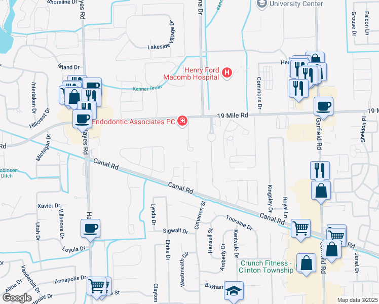 map of restaurants, bars, coffee shops, grocery stores, and more near 15894 19 Mile Road in Charter Township of Clinton