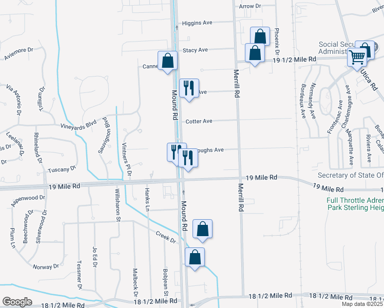 map of restaurants, bars, coffee shops, grocery stores, and more near 43112 Mound Road in Sterling Heights