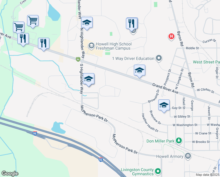 map of restaurants, bars, coffee shops, grocery stores, and more near 1333 West Grand River Avenue in Howell