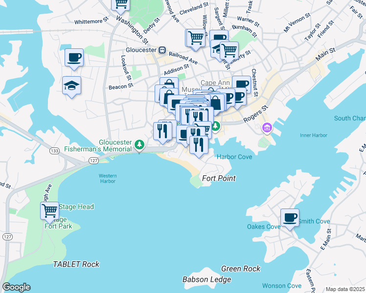 map of restaurants, bars, coffee shops, grocery stores, and more near 21 Commercial Street in Gloucester