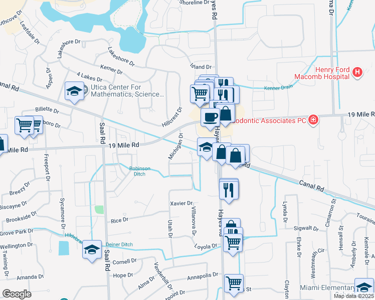 map of restaurants, bars, coffee shops, grocery stores, and more near 42789 Rutgers Drive in Sterling Heights