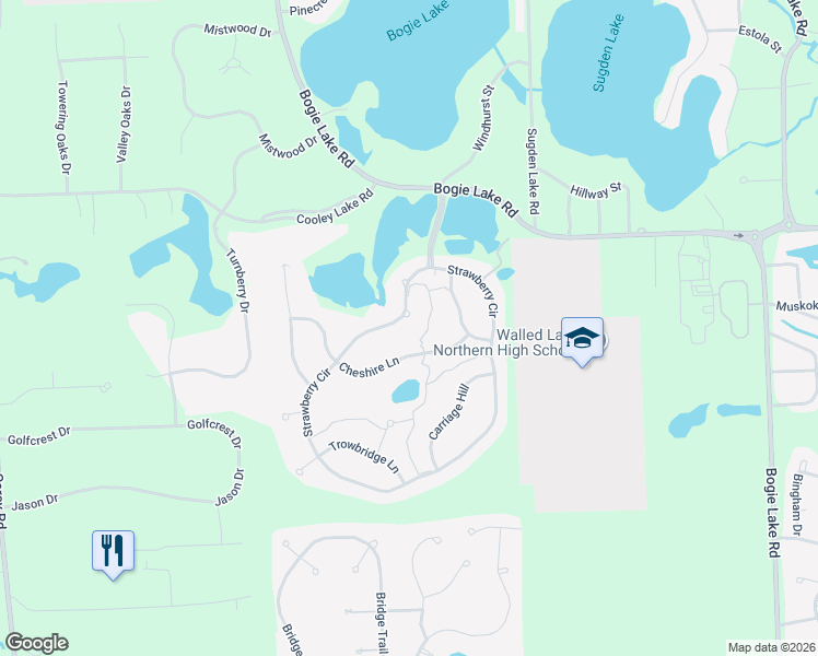 map of restaurants, bars, coffee shops, grocery stores, and more near 5699 Strawberry Circle in Commerce Charter Township