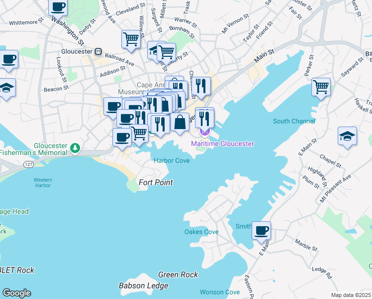 map of restaurants, bars, coffee shops, grocery stores, and more near 11 Harbor Loop in Gloucester