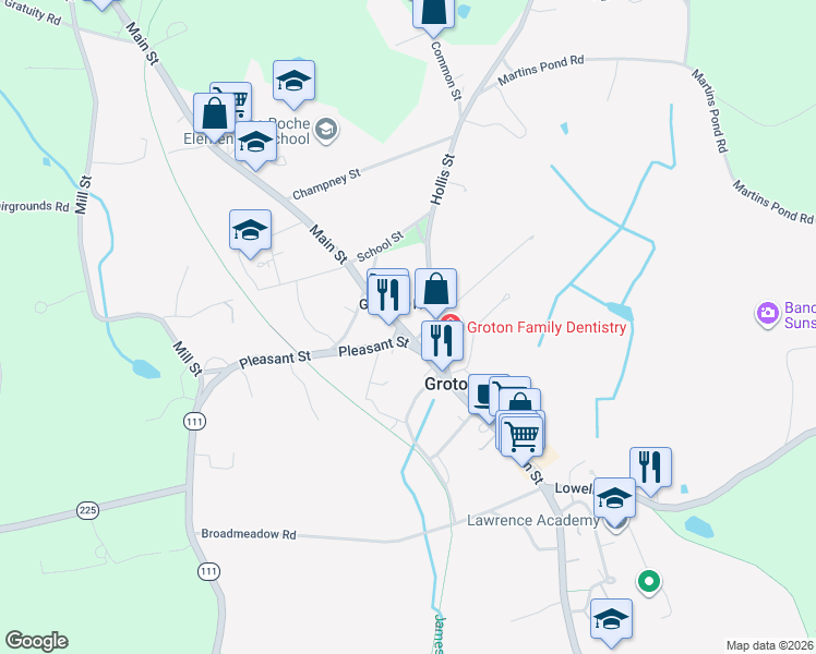 map of restaurants, bars, coffee shops, grocery stores, and more near in Groton