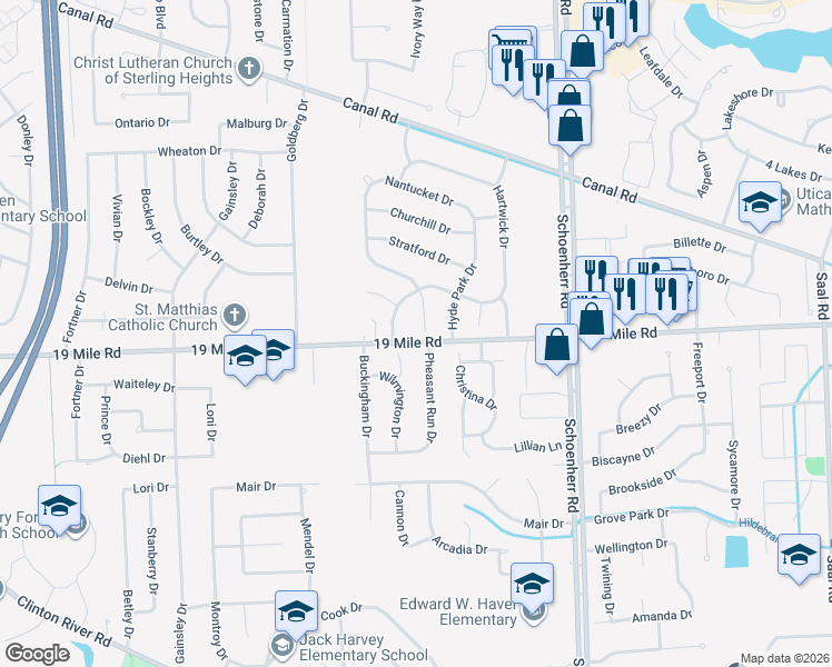 map of restaurants, bars, coffee shops, grocery stores, and more near 43043 Bond Court in Sterling Heights