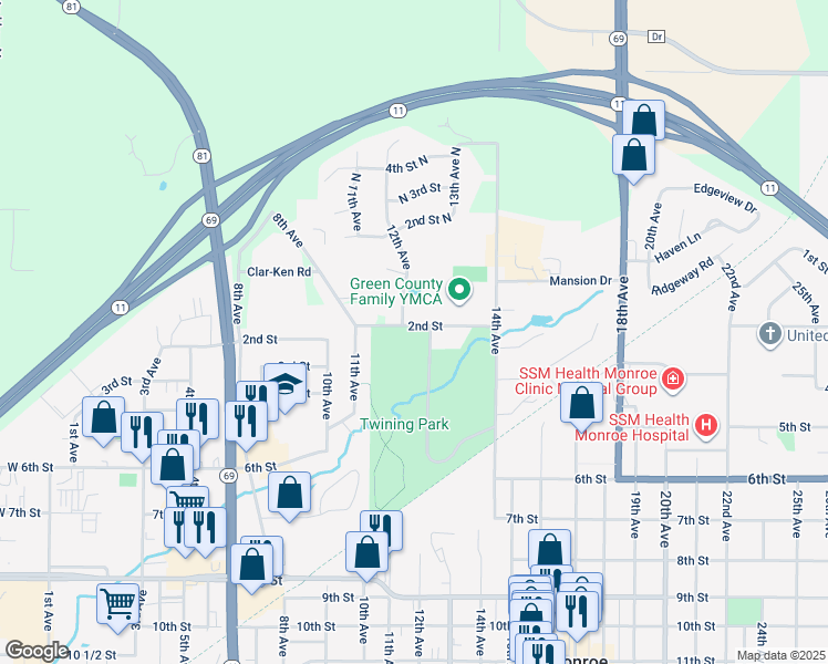 map of restaurants, bars, coffee shops, grocery stores, and more near 1232 2nd Street in Monroe