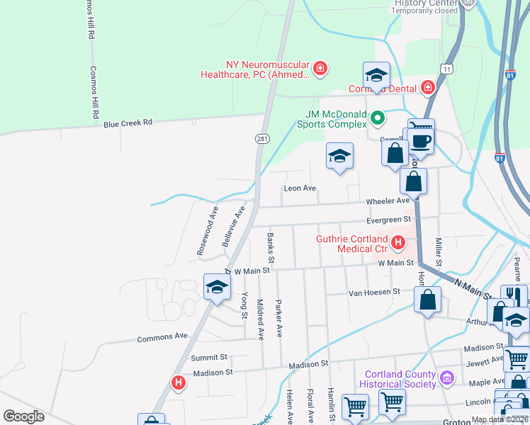 map of restaurants, bars, coffee shops, grocery stores, and more near 96 Wheeler Ave in Cortland