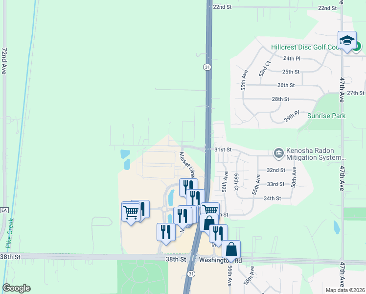 map of restaurants, bars, coffee shops, grocery stores, and more near 6499 31st Street in Kenosha
