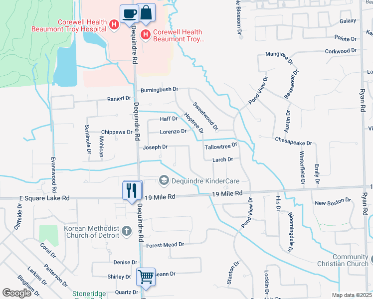map of restaurants, bars, coffee shops, grocery stores, and more near 4337 Joseph Drive in Sterling Heights