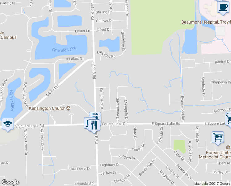 map of restaurants, bars, coffee shops, grocery stores, and more near 6239 Silverstone Drive in Troy