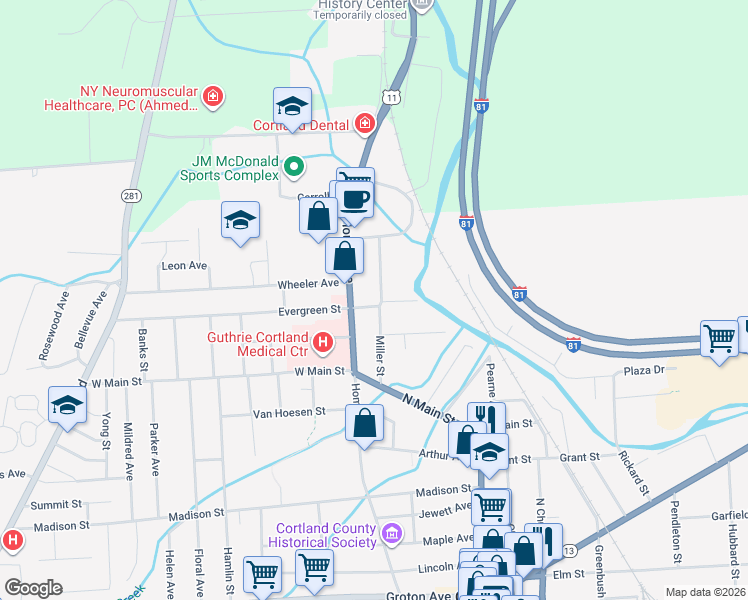map of restaurants, bars, coffee shops, grocery stores, and more near 32 Miller Street in Cortland