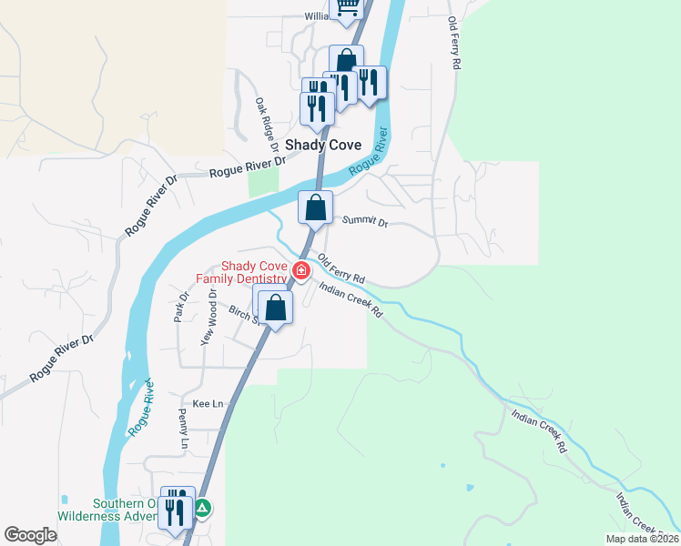 map of restaurants, bars, coffee shops, grocery stores, and more near 246 Old Ferry Road in Shady Cove
