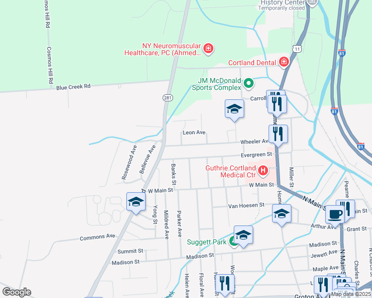 map of restaurants, bars, coffee shops, grocery stores, and more near 78-82 Wheeler Ave in Cortland