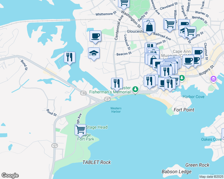 map of restaurants, bars, coffee shops, grocery stores, and more near 10 Perkins Road in Gloucester