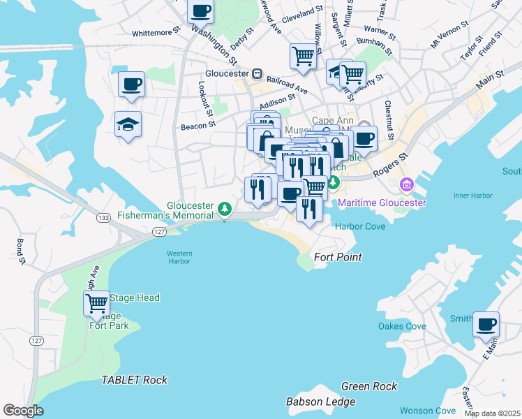 map of restaurants, bars, coffee shops, grocery stores, and more near 25 Western Avenue in Gloucester