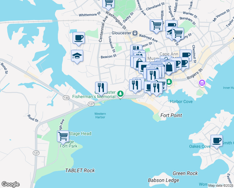 map of restaurants, bars, coffee shops, grocery stores, and more near 67 Western Avenue in Gloucester