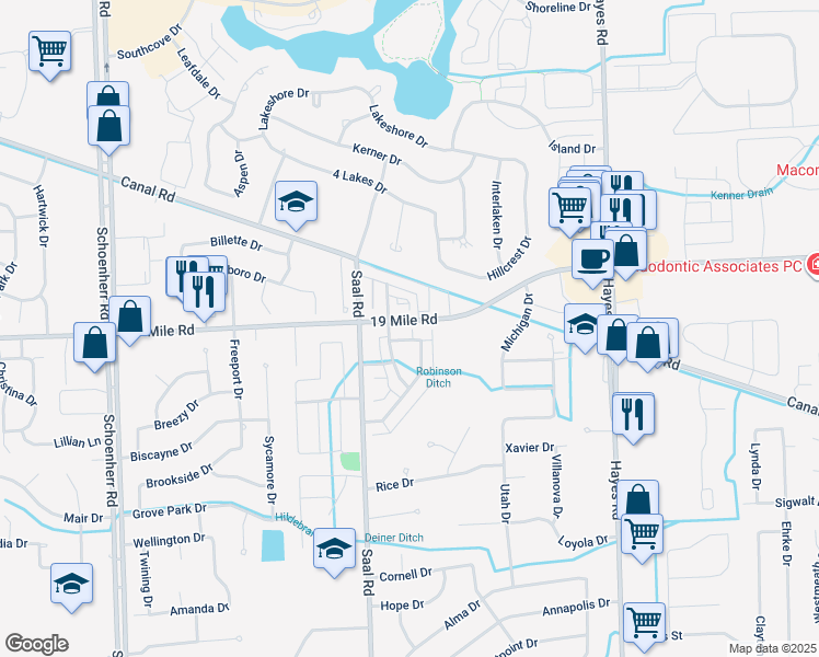map of restaurants, bars, coffee shops, grocery stores, and more near 14508 Holborn Drive in Sterling Heights