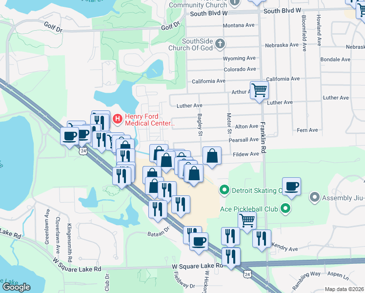 map of restaurants, bars, coffee shops, grocery stores, and more near 633 Pearsall Avenue in Pontiac