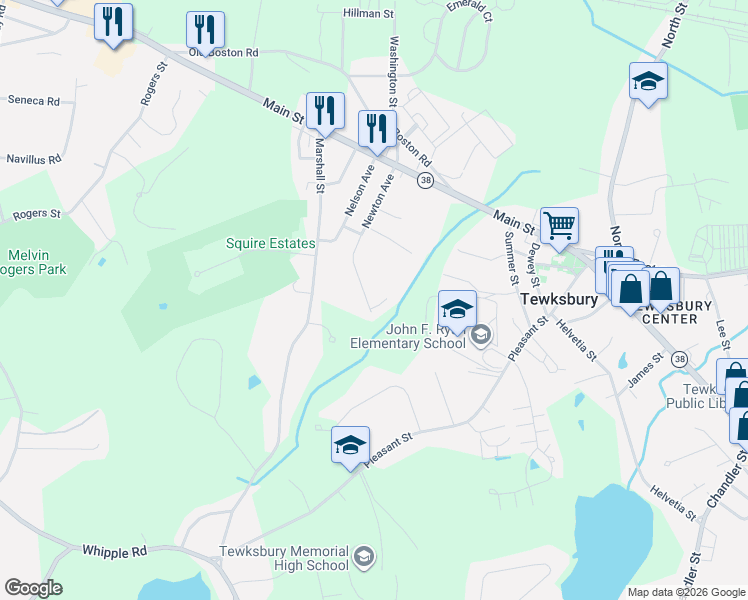 map of restaurants, bars, coffee shops, grocery stores, and more near 29 Newton Avenue in Tewksbury