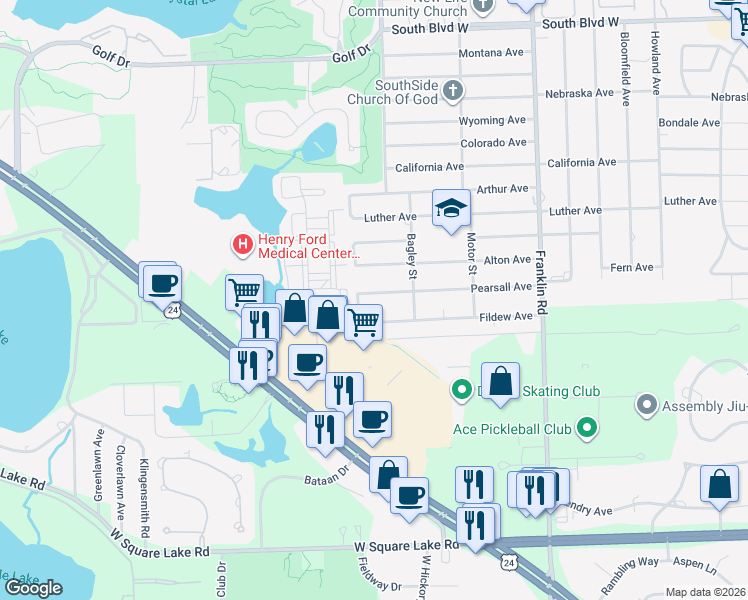 map of restaurants, bars, coffee shops, grocery stores, and more near 633 Pearsall Avenue in Pontiac