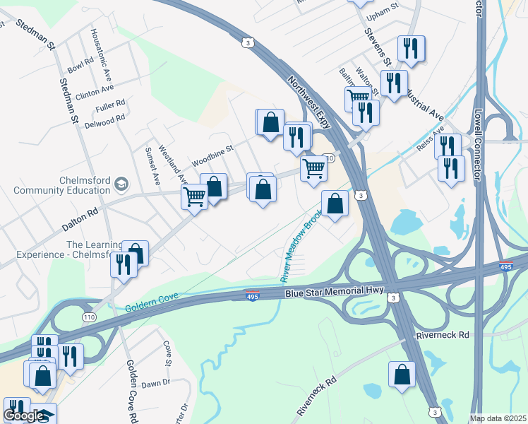 map of restaurants, bars, coffee shops, grocery stores, and more near 265 Chelmsford Street in Chelmsford