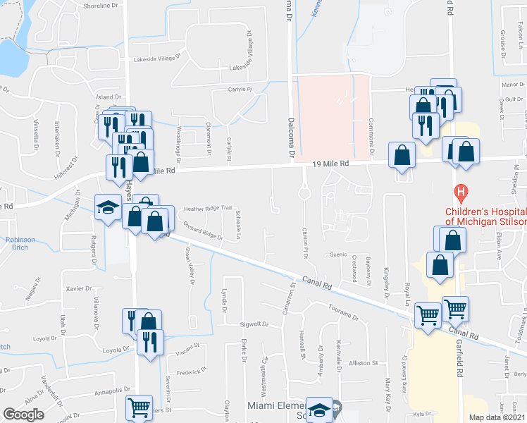 map of restaurants, bars, coffee shops, grocery stores, and more near 15894 19 Mile Road in Charter Township of Clinton