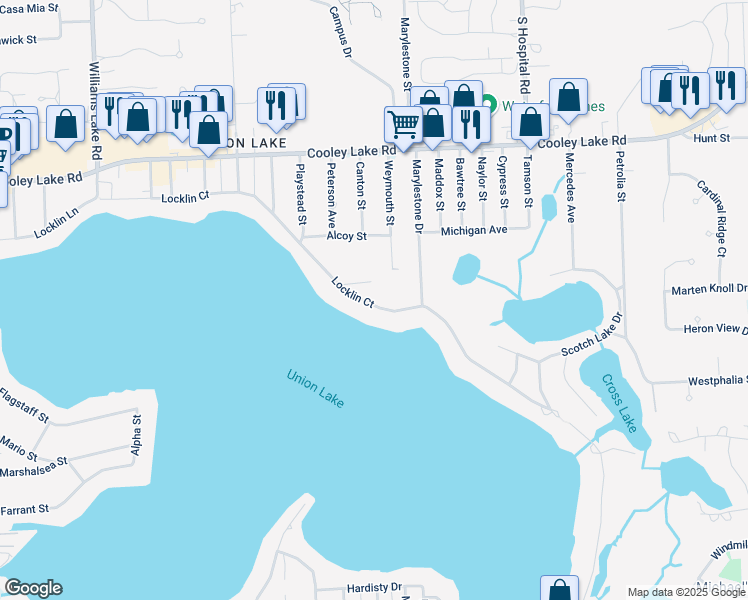 map of restaurants, bars, coffee shops, grocery stores, and more near 7330 Locklin in West Bloomfield Township