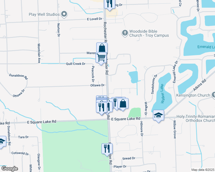 map of restaurants, bars, coffee shops, grocery stores, and more near 6195 Rochester Road in Troy