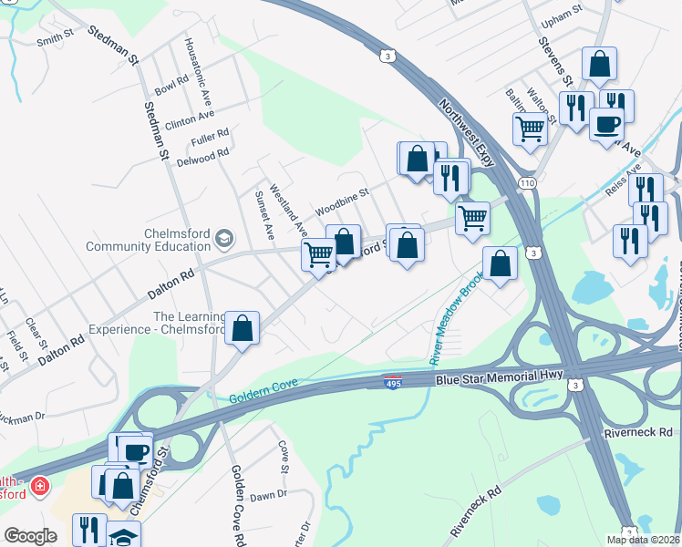 map of restaurants, bars, coffee shops, grocery stores, and more near 251 Chelmsford Street in Chelmsford
